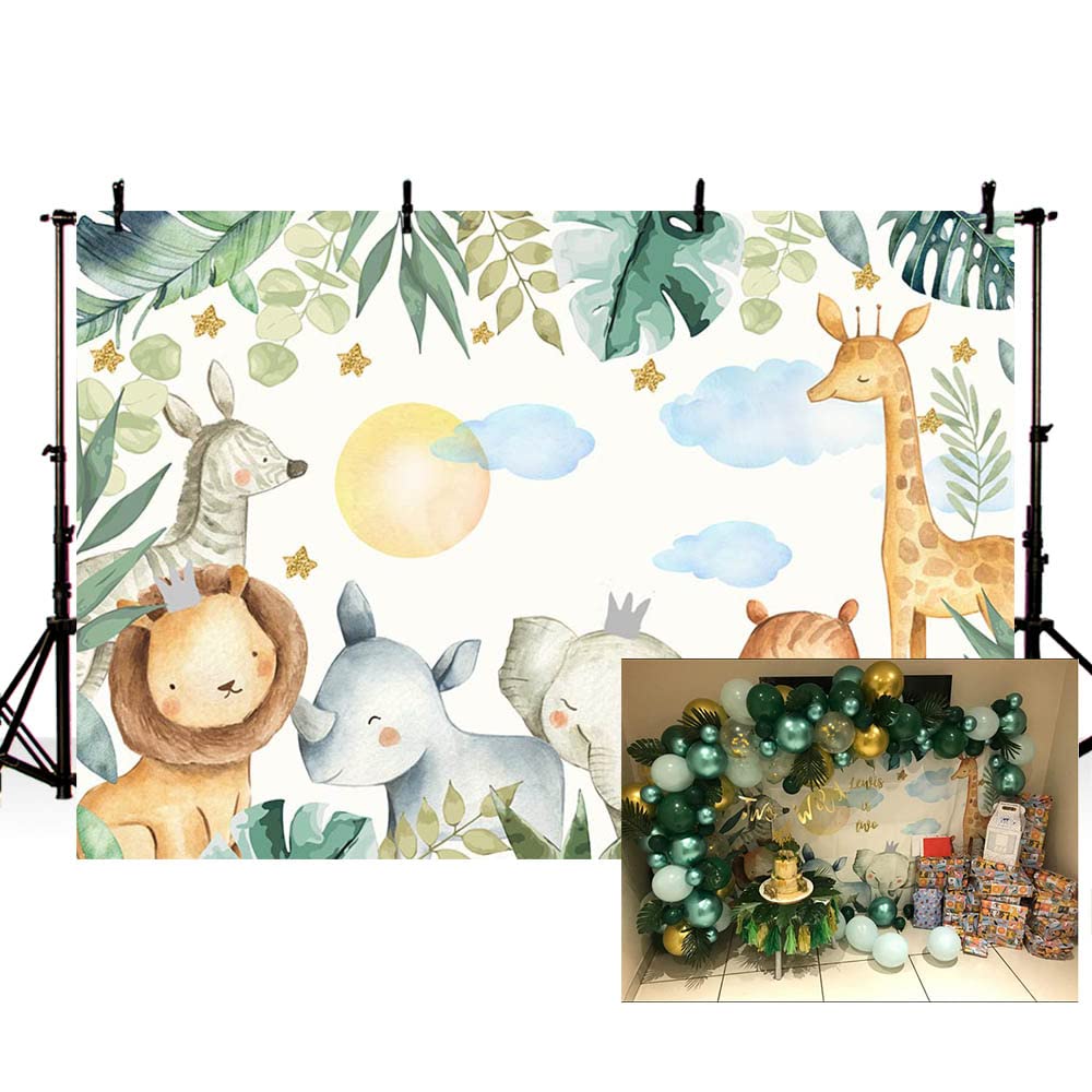 MEHOFOTO Safari Birthday Party Backdrop Jungle Wild One Animals Boy Baby Shower Watercolor Photography Background Green Leaves Cloud Sun Photo Booth Banner for Dessert Table Supplies 7x5ft
