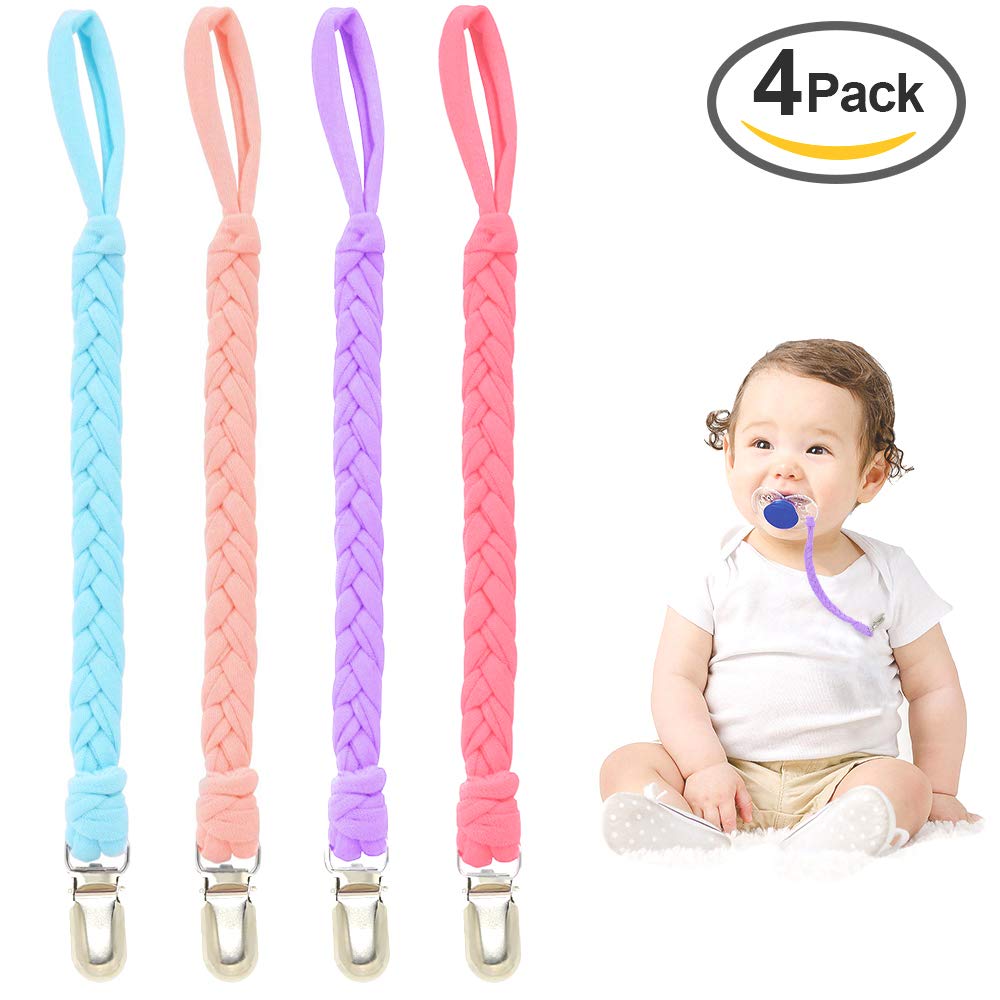 Pacifier Clips, Universal Baby Teething Ring Holder for Boys& Girls, Flexible Holder Leash for All Pacifiers,Teething Toy Or Soothie (Pack of 4 PCS Pink/Blue/Rose Red/Purple)