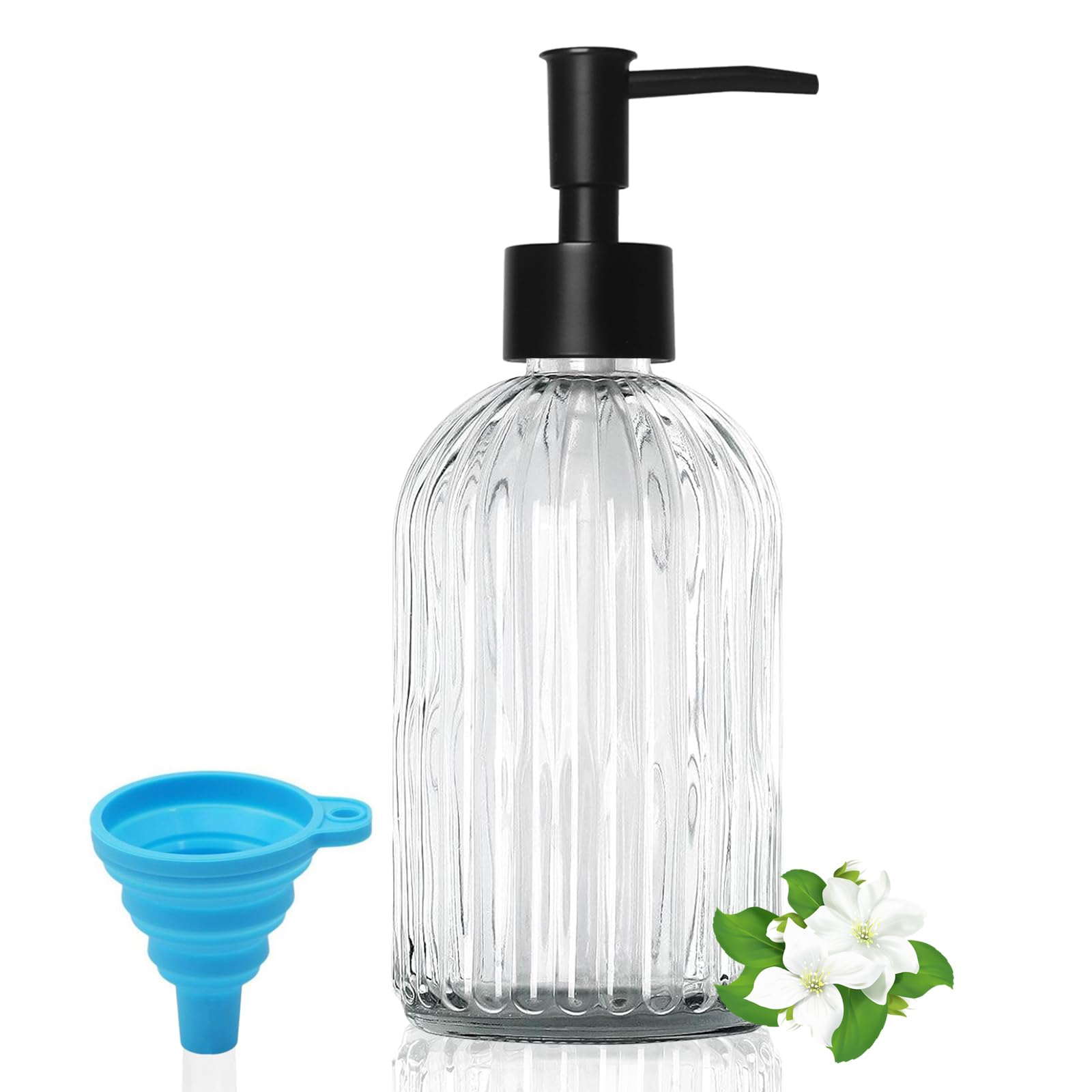 GKSCXEXE 400ml Clear Glass Soap Dispenser with Plastic Pump & Funnel, Refillable Hand Wash Pump Bottle Dispenser, Bathroom Kitchen Soap Dispenser for Liquid Hand Soap, Dish Soap, Lotions, Shampoo