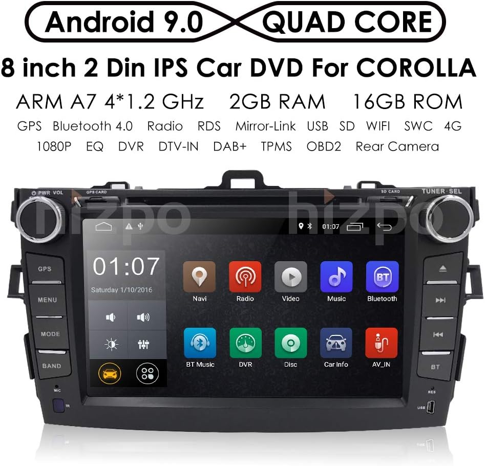 8 Inch in Dash Navigation Car Stereo Android 9.0 Quad Core Double Din Car DVD Player for Toyota Corolla 2007 2008 2009 2010 2011 in Dash GPS Stereo AM FM RDS Radio SWC Bluetooth WiFi