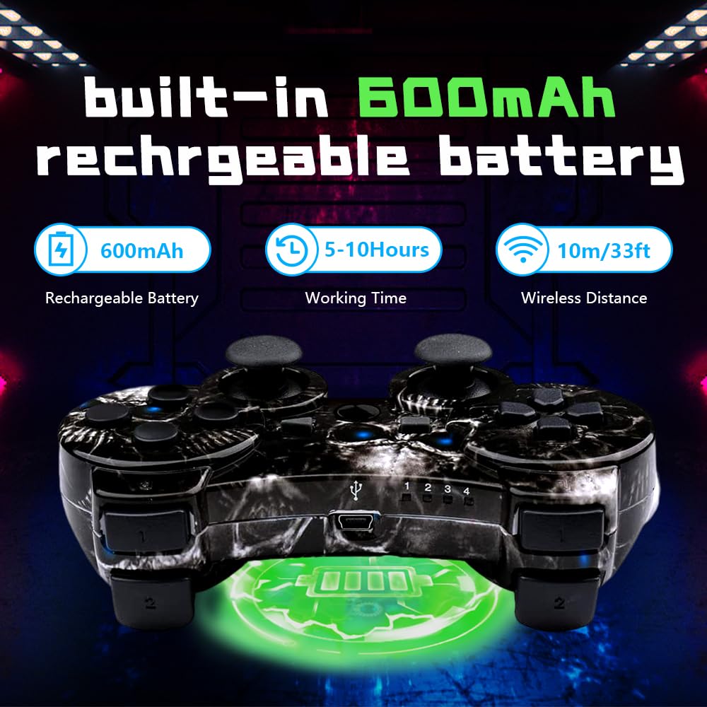 Controller for PS-3 Wireless, Gaming Remote Joystick for Play 3 with Charger Cable Cord (Black Ghost, White Skull)