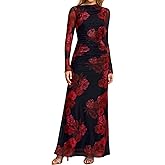 HTZMO Women Long Sleeve Bodycon Floral Maxi Dress Ruched A Line Flowy Wedding Guest Formal Party Long Dresses