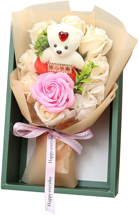 Amazon 緑の葉癒し系花かわいいぬいぐるみ クマ 9本のバラ ソープフラワーソープフラワーローズ人工花ブーケベアブーケ永遠の花誕生日ギフトありがとうハンドバッグ付きギフトボックス ピンク シャンパン色 造花 オンライン通販