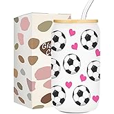 kdxpbpz Soccer Gifts, Iced Coffee Cup, 16 oz Glass Cups with Lids Straws, Soccer Accessories, Birthday Christmas Gifts for Women Mom Coach Players Teams Sport Lovers, Party Favors