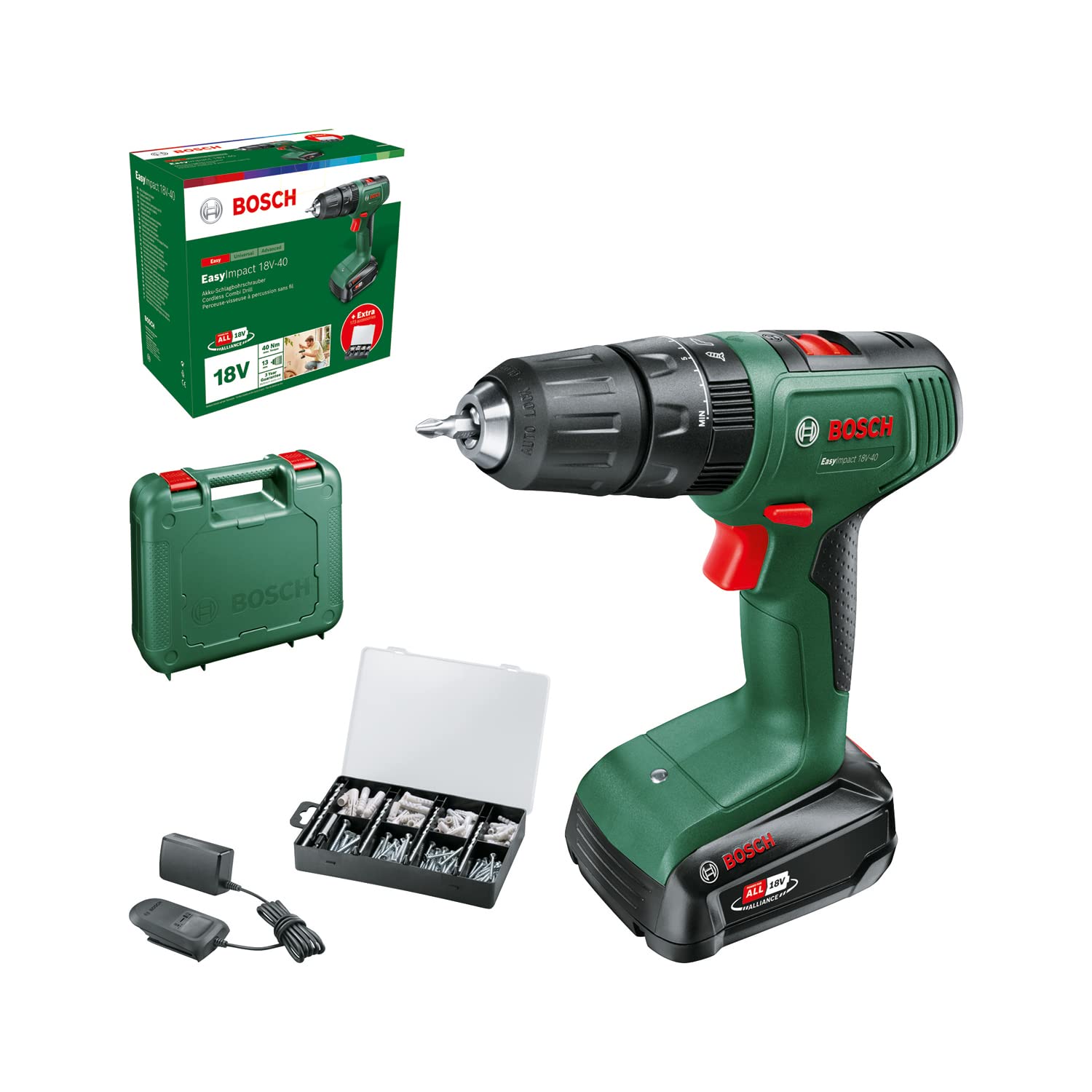 Bosch Akku Schlagbohrschrauber EasyImpact 18V-40 (1x Akku 2,0 Ah, 18 Volt System, mit 173-tlg. Befestigungsset, im Koffer) – Amazon Edition