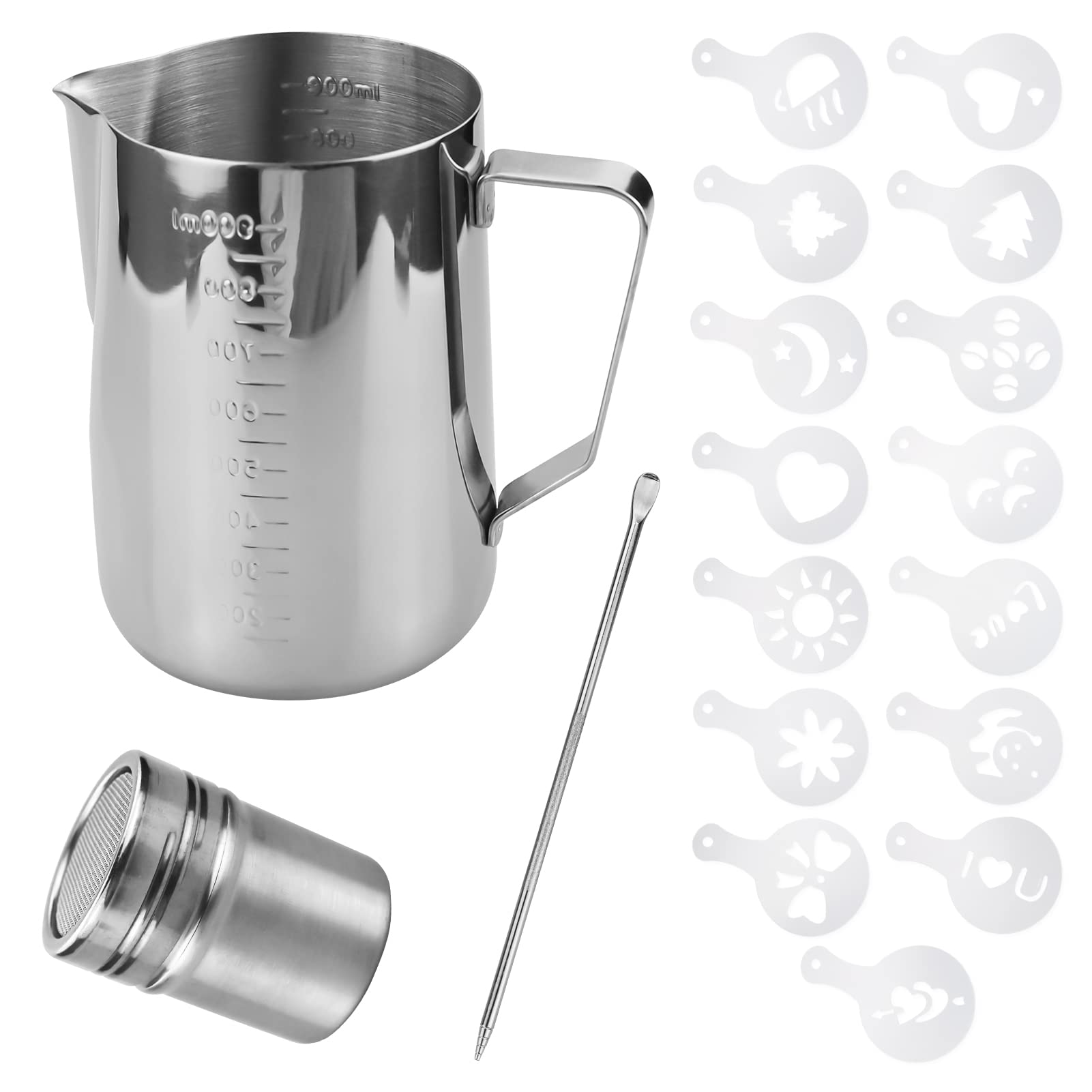 SZXMDKH Milk Jug 900ml, Stainless Steel, with Powder Shaker, Pull Flower Pen, Guide Nozzle, for Hot Chocolate, Cappuccino, Coffee, Latte