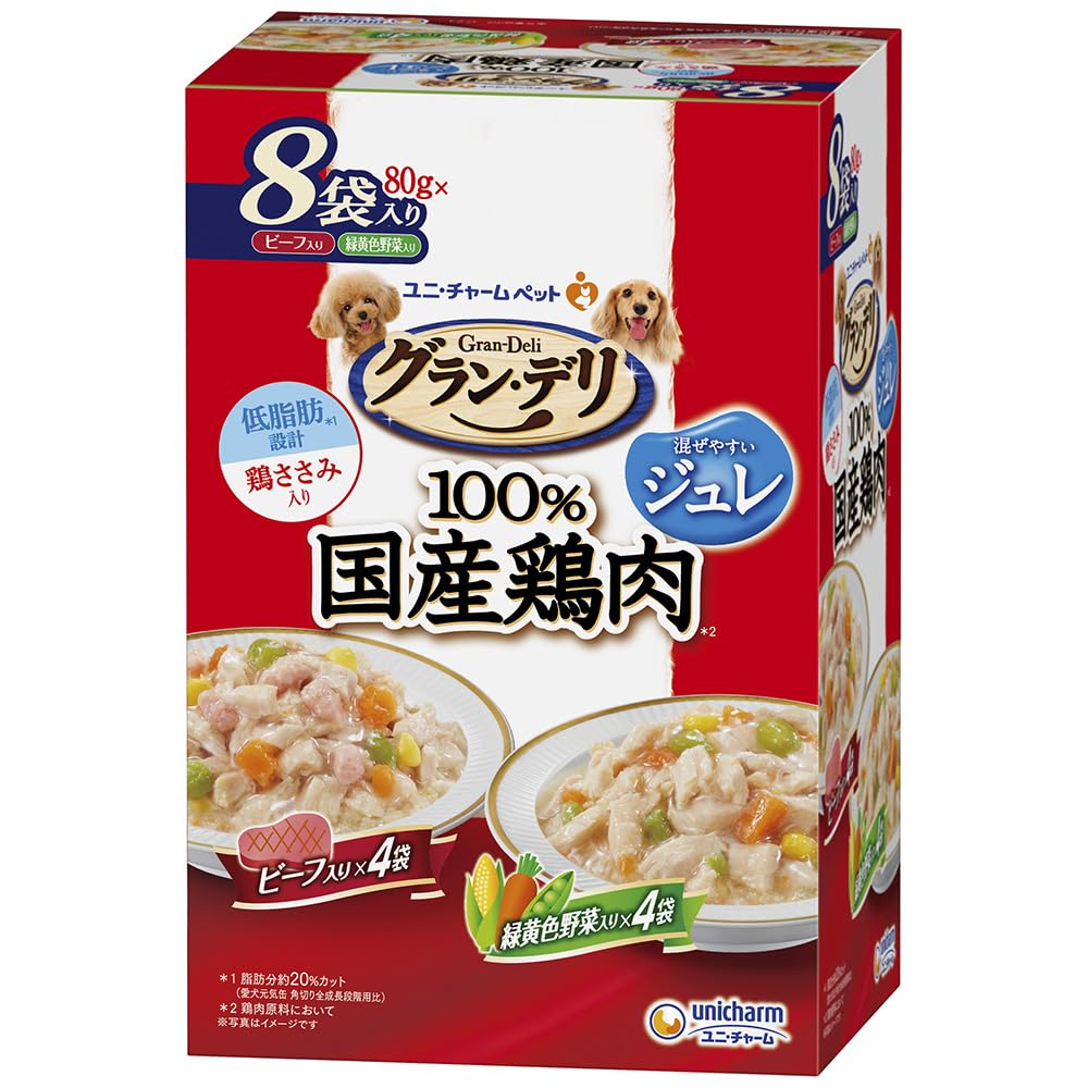 グラン・デリ グランデリ ドッグフード ウェット 国産鶏ささみ パウチ ジュレ 成犬用 8個パック ビーフ入り・緑黄色野菜入り 80g ユニチャーム商品画像
