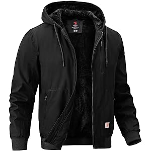 BGOWATU Men's Cotton Work Jacket Insulated Flannel Lined Full Zip Hoodies Active Winter Coat with Utility Pockets