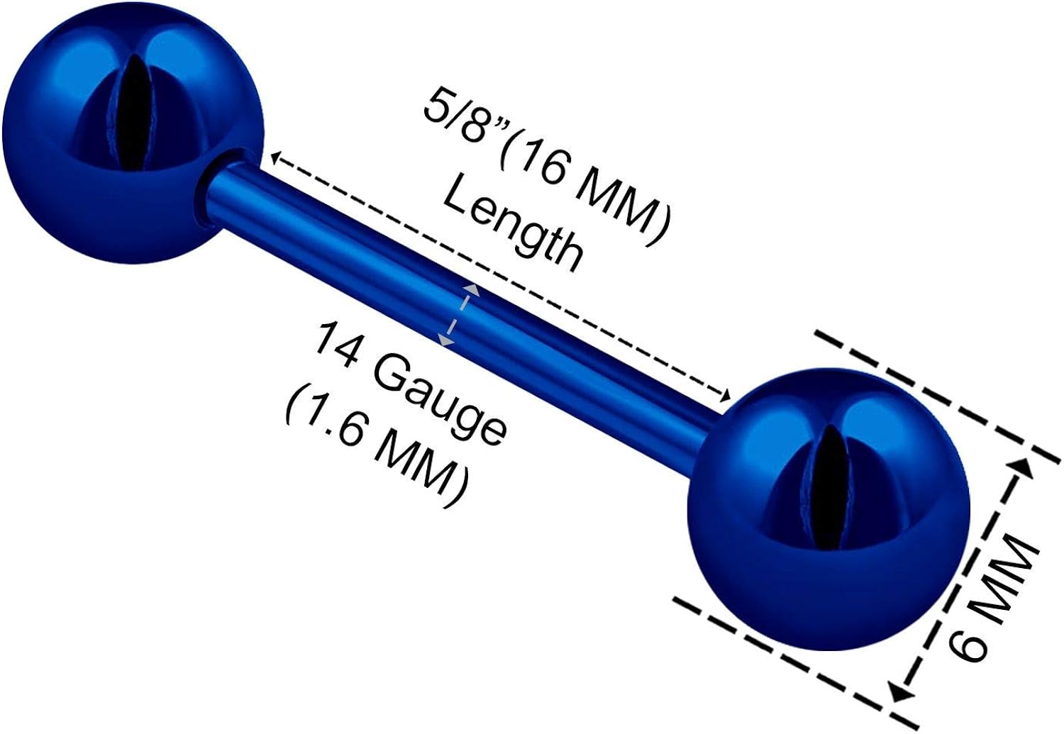KJM FASHION 2PCS Stainless Steel Dark Blue Tongue Bar Rings Stud Barbell 14 Gauge 5/8 16mm 6mm Ball Nipple Bars Piercing Jewellery 2508 - Image 3