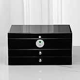 SYENS Jewelry Box with Fingerprint Lock, Black Wood Piano Lacquer Jewellery Organizer Storage Box with Drawer, 3-layer Full Lockable, for Women or Men's gift