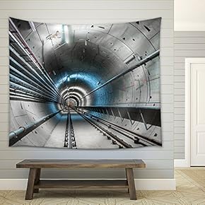 Underground Tunnel with Blue Lights Angle Shot - Fabric Wall Tapestry Home Decor - 51x60 inches