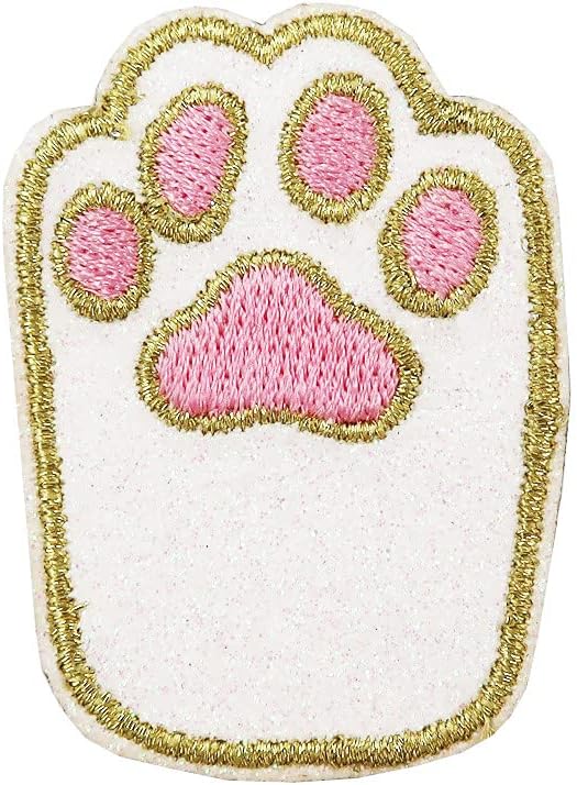 Mixed Media - Cat Paw Embroidered Iron On Patch (White)