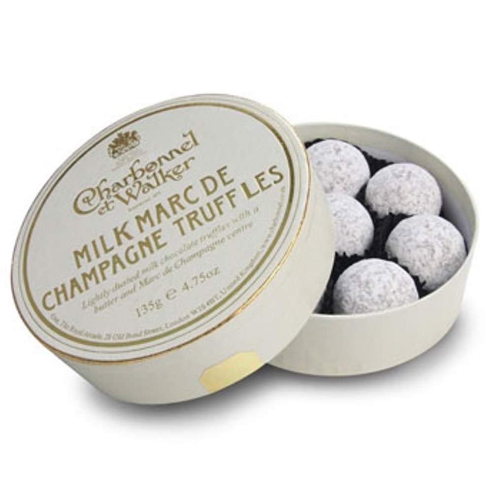 白く丸い箱に入ったトリュフ・チョコレート