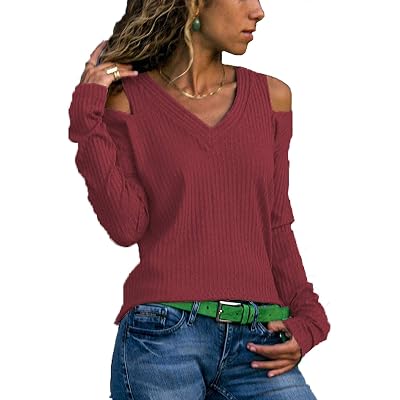 V Neck Long Sleeve Knitted Blouse Shirt 