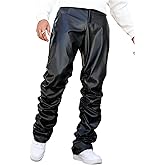 SHENHE Men's PU Leather Stacked Pants Straight Leg Ruched Hip Hop Streetwear Pants Trousers