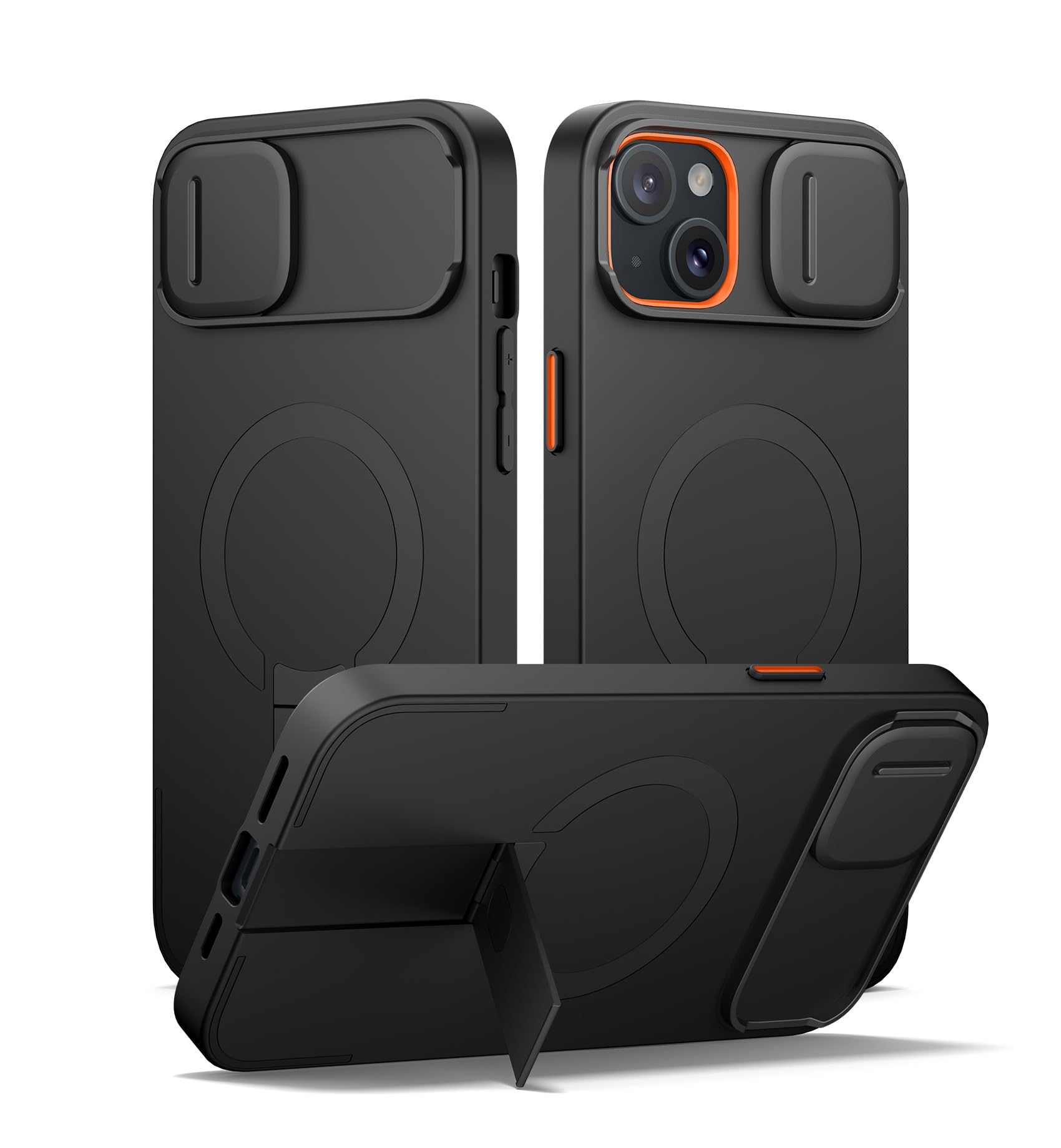 Photo 1 of SURITCH for iPhone 14 Plus/15 Plus Case with Magnetic Camera Slide Cover and Adjustable Kickstand, Compatible with MagSafe, Shockproof Bumper Case Slim Protective Cover 6.7 Inch, Black