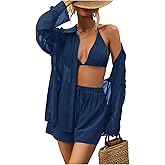 SOLY HUX Women's Summer Vacation Short Set Halter Crop Top and Shorts with Mesh Button Down Shirt 3 Piece