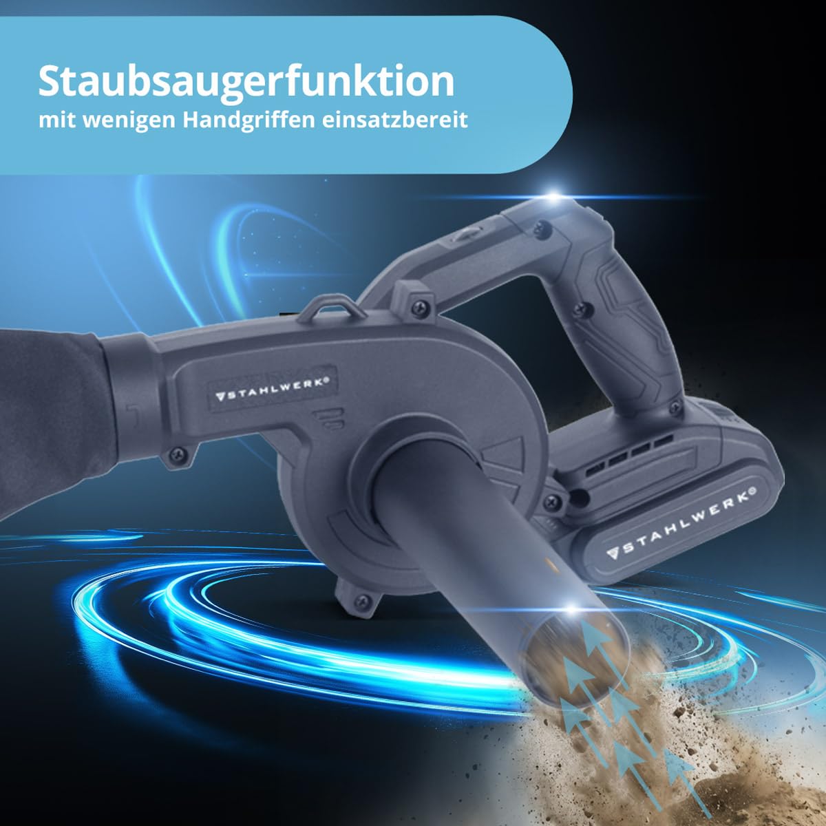 STAHLWERK 2-in-1 Akku-Laubbläser & Staubsauger MAG-20 ST – 20 V mit 2 Ah, kompakter Brushless Bläser für Garten, Straße, Werkstatt & Auto, handlicher Mini-Laubbläser bis zu 98 m/s und 18.000 U/min 5