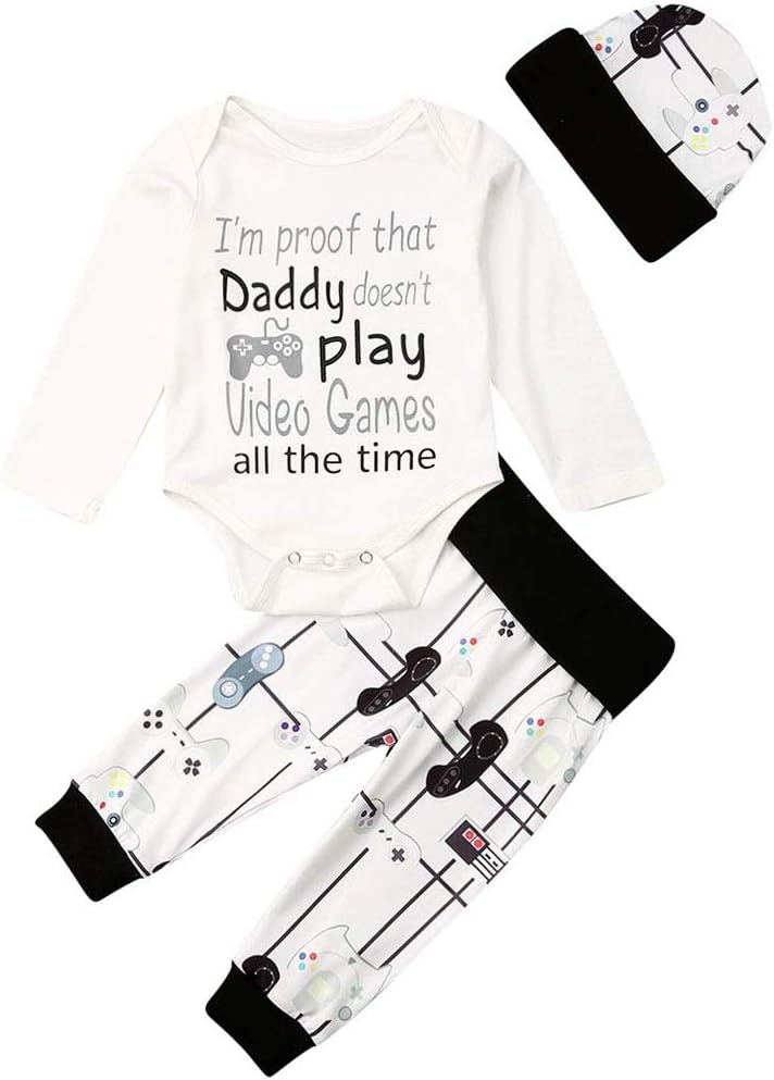Newborn Baby Romper Set Unisex Long Sleeve Daddy Doesn't Play Video Game Bodysuit Letter Tops Pants 3Pcs Outfit with Hat