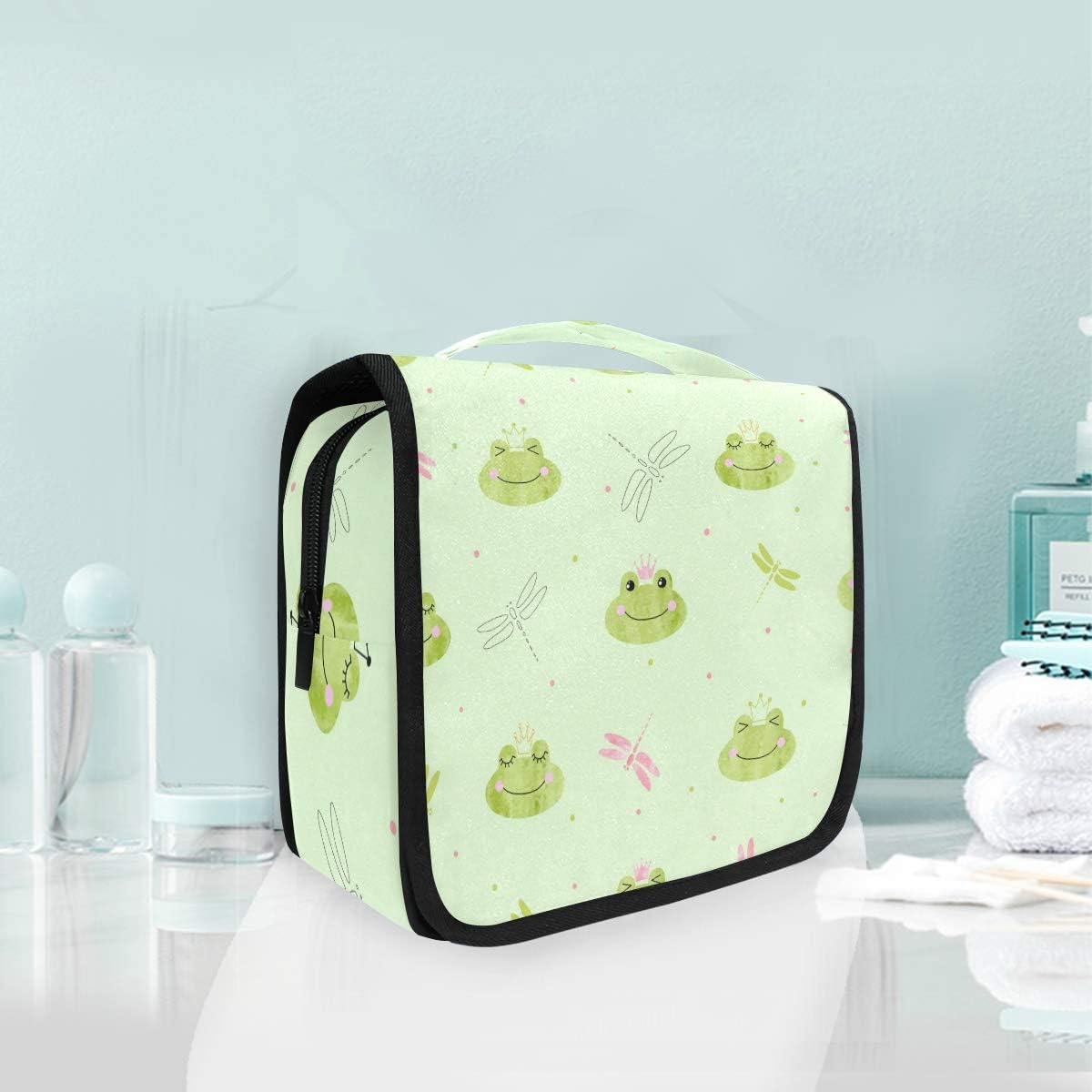 Hanging Toiletry Bag Green Frog Dragonfly Pattern Cute Cosmetic Bag for