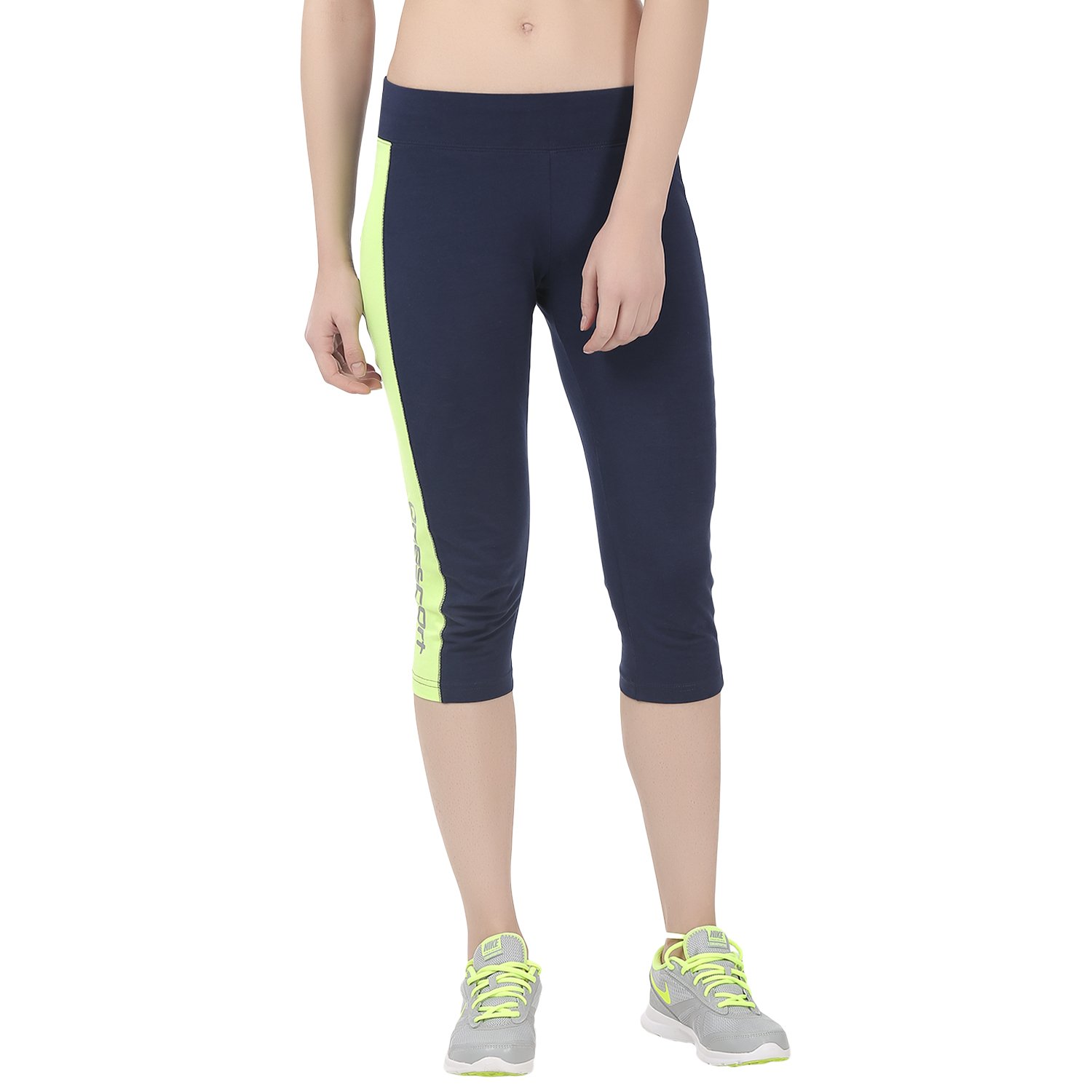 onesport navy blue & green cotton spandex jersey solid sports capri for women(onsp19ng)