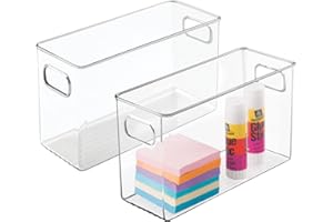 mDesign Plastic Office Storage Bins with Handles, 10" Long Office & Classroom Supply Organizer, Deep Plastic Containers for Organizing Desk, Stationery & Pencil Bins, Linus Collection, 2 Pack, Clear