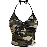 COZYEASE Women's Camo Print V Neck Sleeveless Crop Tops Casual Ruched Backless Halter Tops