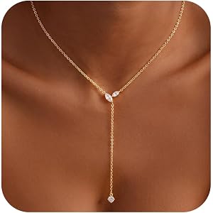 Masedy Long Gold Necklace for Women Dainty Layered Lariat Necklace | 14k Gold Plated Clover Teardrop CZ Y Shaped Drop Necklac