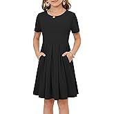 Girls Summer Short Sleeve Dress Kids Casual Crew Neck Pleated Loose A Line Swing Knee Length Cute Dress with Pockets