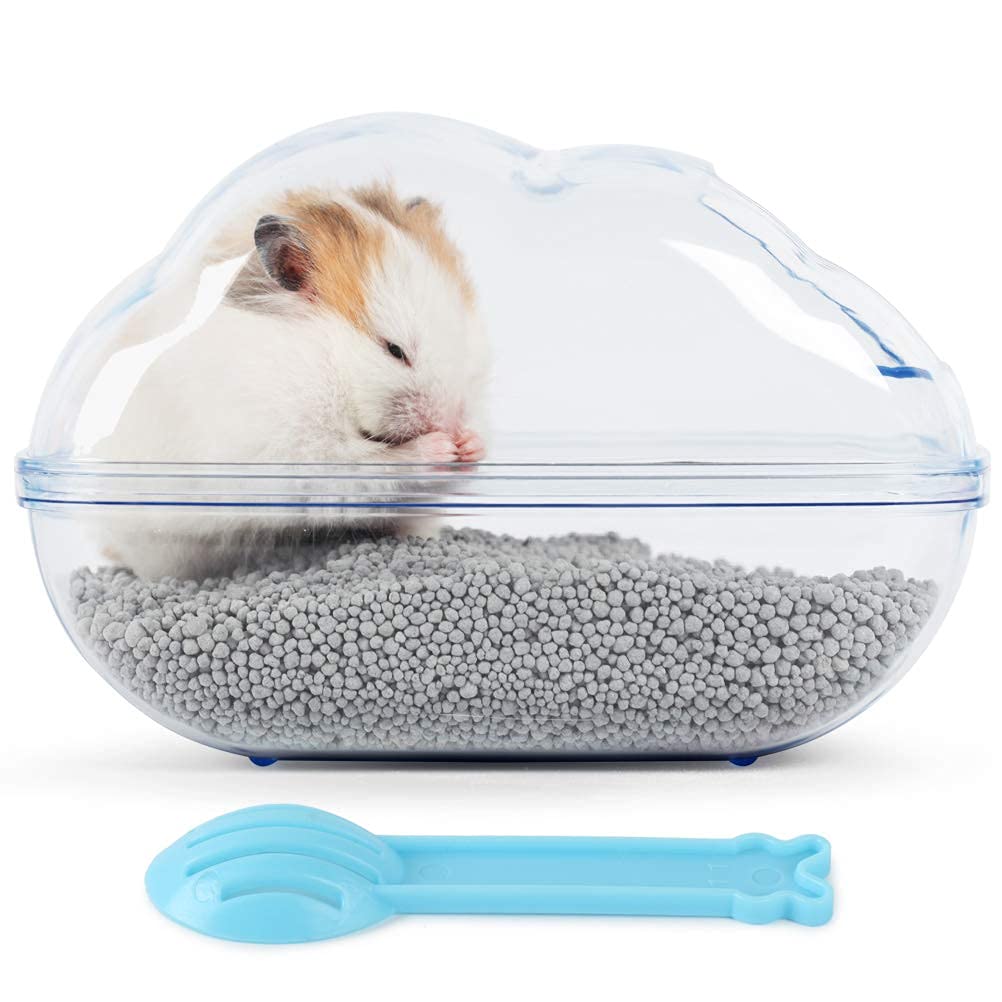 BUCATSTATE Large Hamster Sand Bath Container Transparent Clouds Hamster Bathroom with Scoop Set for Small Pet Animals Cage Accessories (L-BLUE)