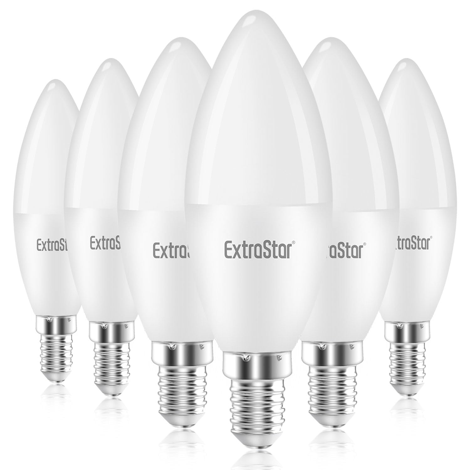 EXTRASTAR E14 LED Candle Light Bulbs, 6W SES Cool White 6500K Daylight Energy Saving Bulb, 42W Equivalent, Small Edison Screw C37 Light Bulb, 510LM, Non-Dimmable, Pack of 6