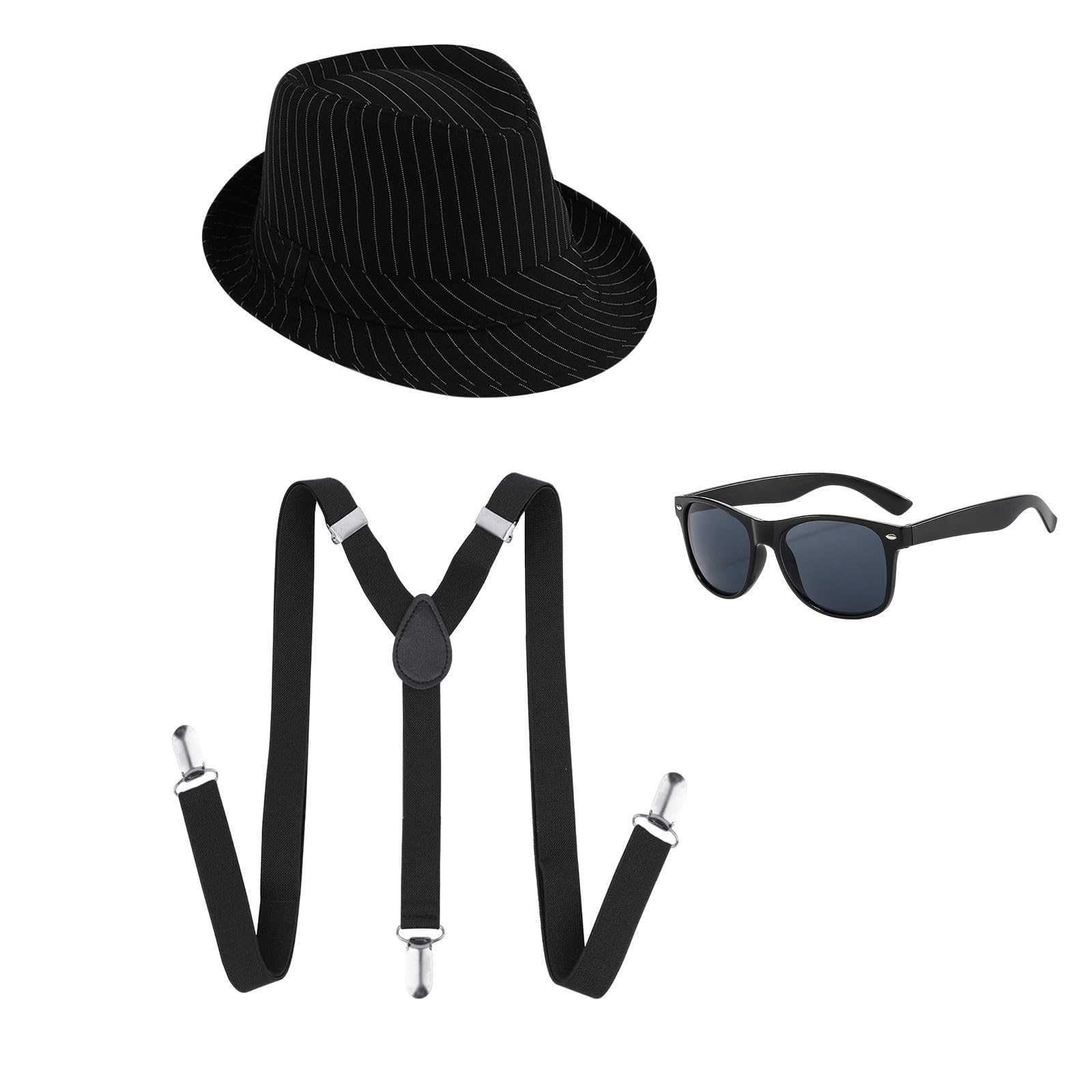 UILYNIU 3-Piece Adults 1920s Gangster Costume Accessory Set - Black Pinstripe Hat, Braces, Sunglasses, Mafia Gatsby Costume for 1920's Dress Up, Panama Hats, Party Fancy Dress