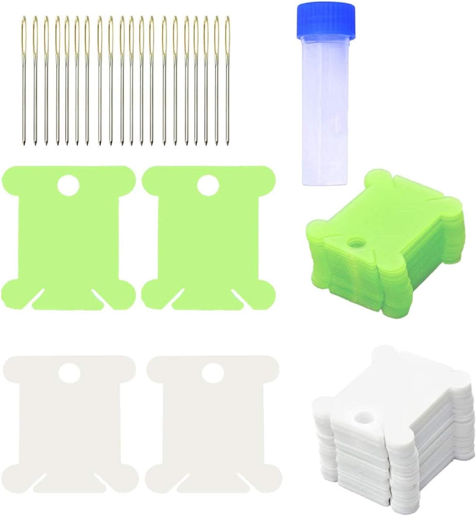 200 Pack Embroidery Floss Organizer Cards,with 20 Pieces Cross Stitch Needles Tube Packed,ACKLLR Plastic Thread Organizer Bobbins Needlework DMC Floss Holder,White Green