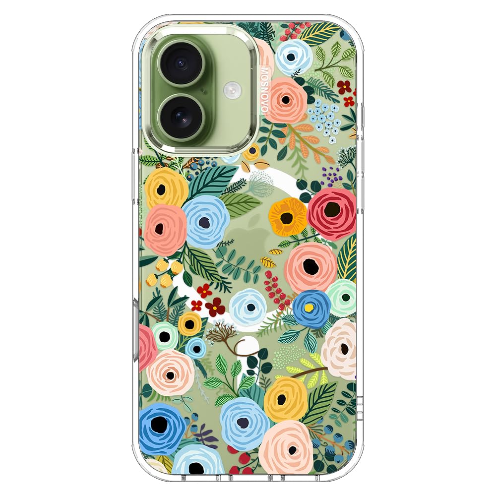 MOSNOVO for iPhone 17 Case | Compatible with Magsafe | Military Grade 6.6ft Drop Tested | Camera Control | Clear with Pastel Floral Garden Design Image
