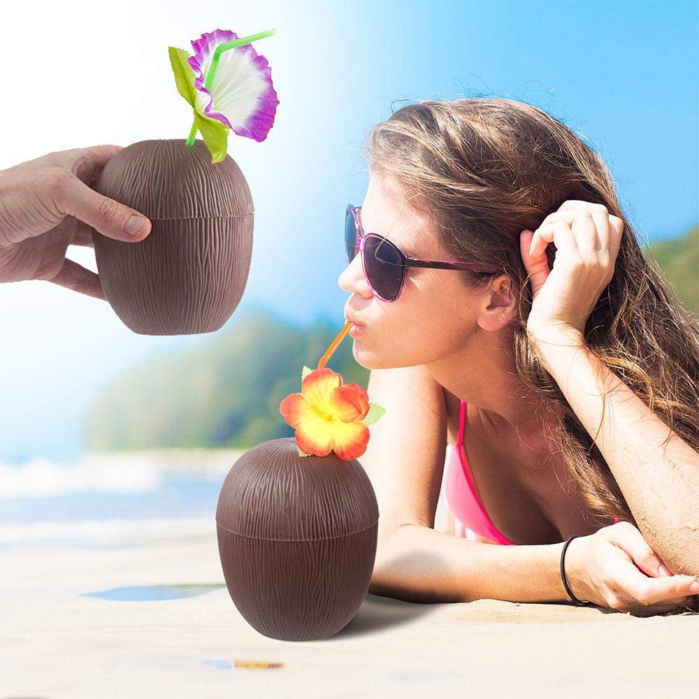 A Coconut Cups With Straws And Flowers 12 Pack Plastic | Desertcart Guyana