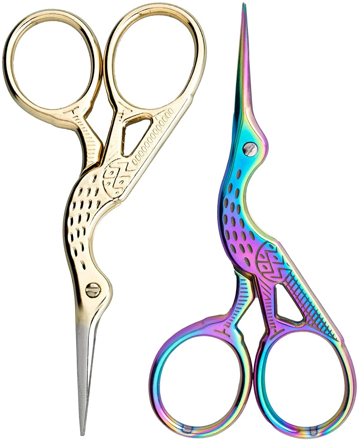 Cosyall Embroidery Scissors Small, 2PCS Stainless Steel Classic Stork Sharp Tip Craft Scissors for Sewing Threading Needlework Handicraft Trimming Paper Cutting Office (3.7inch, Gold & Colorful)