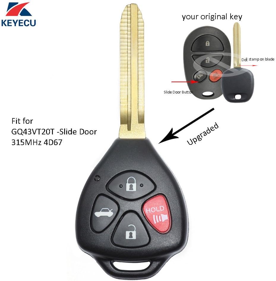 Keyecu Upgraded Remote Key Fob 315MHz 4D67 for Toyota Sienna - GQ43VT20T -Slide Door