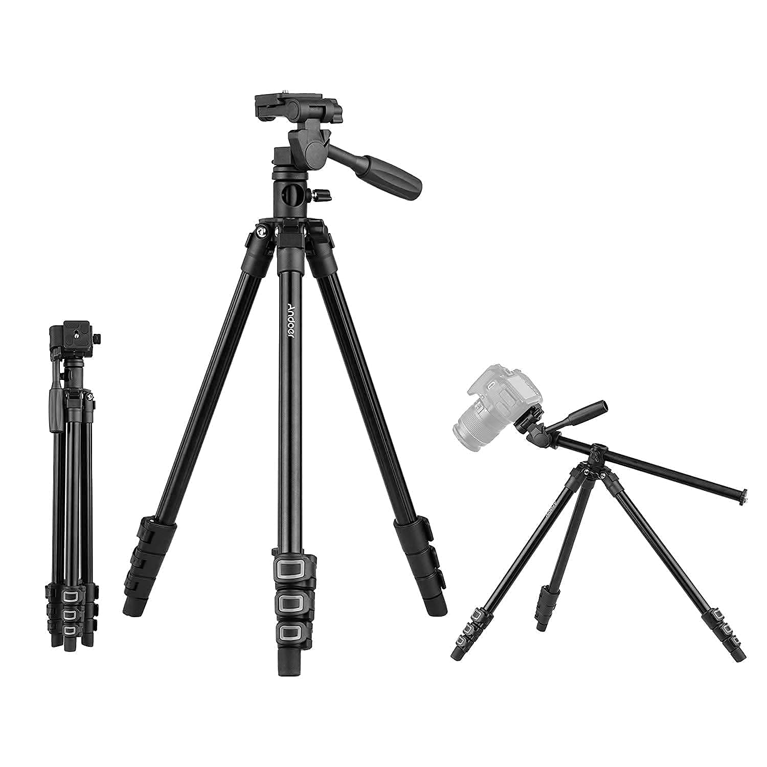 Andoer Q160HA Professional Video Tripod Horizontal Mount Heavy Duty Camera Tripod with 3-Way Pan & Tilt Head for DSLR Cameras Camcorders Mini Projector Compatible with Canon Nikon Sony