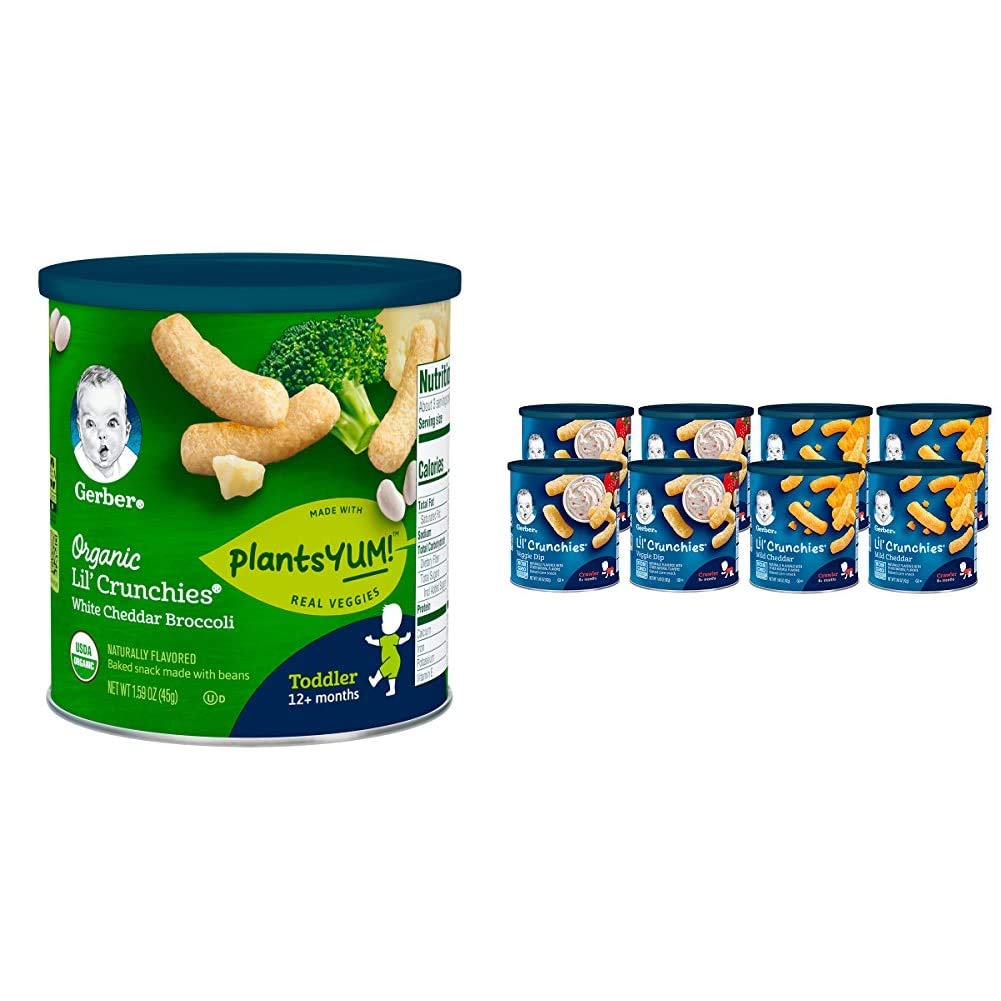 Gerber Organic Lil' Crunches Baked Corn Snack White Cheddar & Broccoli (Pack of 6) & Lil Crunchies, Mild Cheddar & Veggie Dip, 8 Count