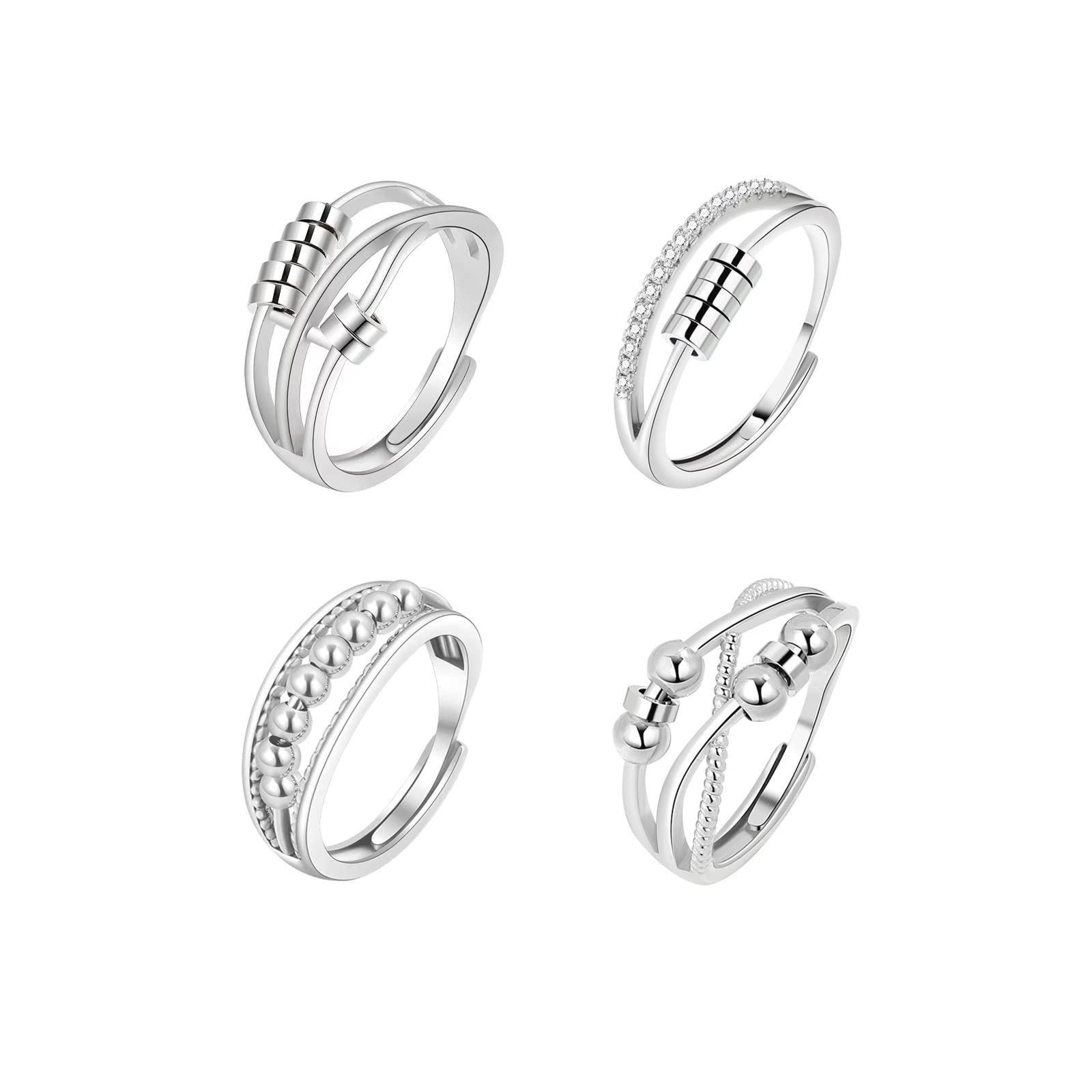 GMEDRIDAS Fidget Rings for Anxiety Women 4Pcs Adjustable Spinner Anxiety Ring,Thumb Rings With Bead Ladies Silver Rings Stress Anxiety Relief Gift for Women Men