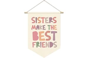 CEBTHN Sisters Make the Best Friends Wall Hanging Pennant Banner Flags, Girls Room Decor, Pastel Canvas Wall Banner for Nursery Toddler Baby Little Girls Bedroom Playroom Decor