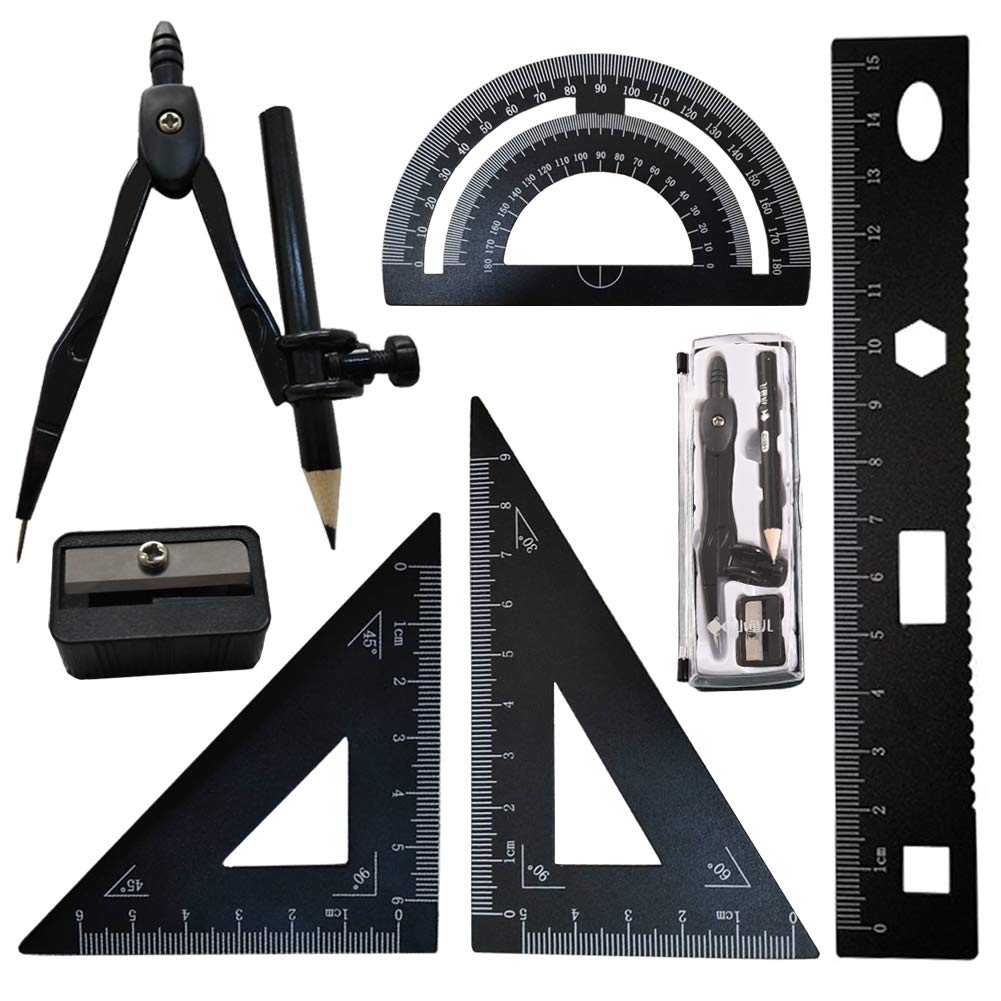Geometry set, FORTSPANG compass for geometry math geometry kit 7 pieces, includes ruler protractor drawing compass, pencil, for students technical drawings.