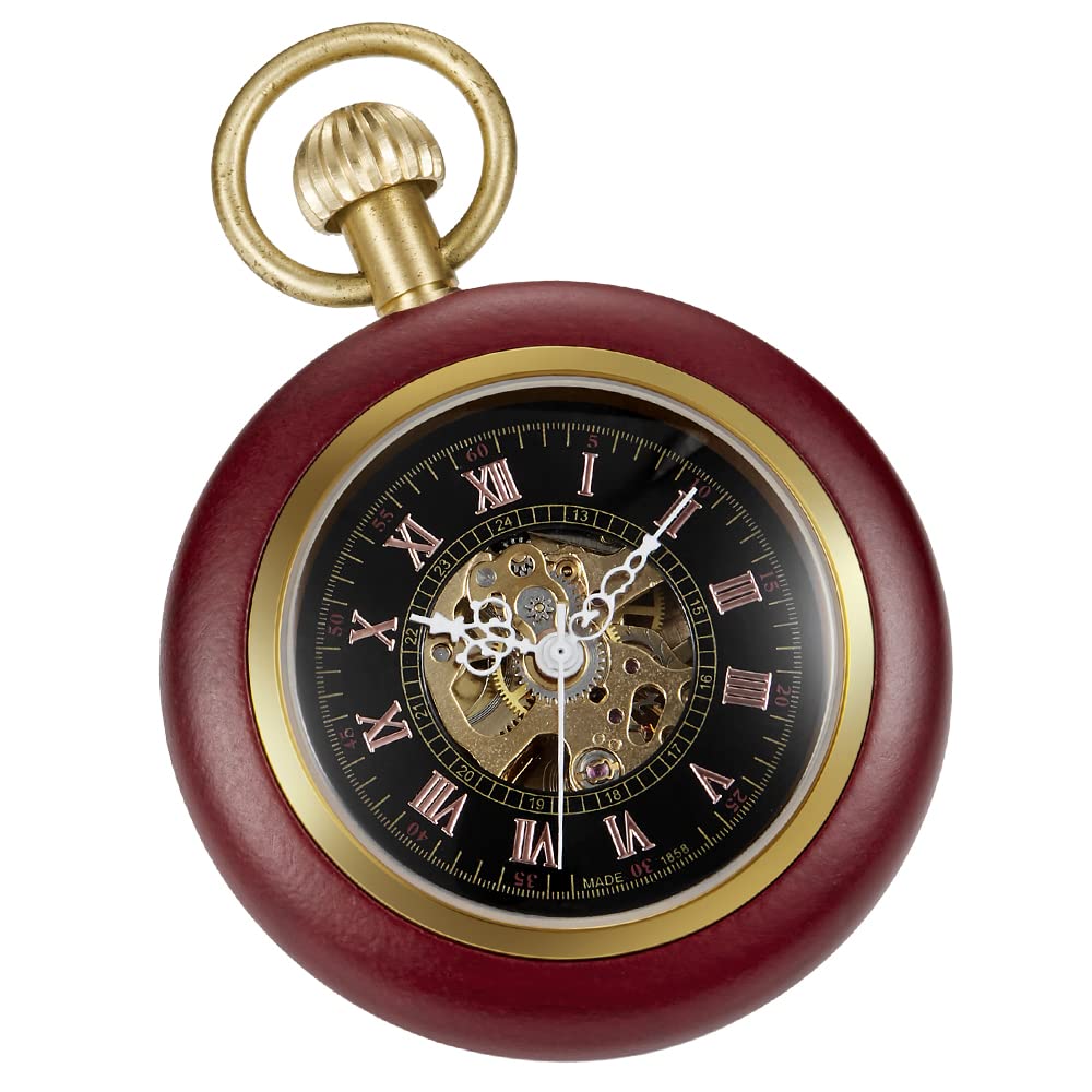 Tiong Pocket Watch Hand-Winding Mechanical Steampunk Elegant Copper Wood Open Face Design Pocket Watch for Men's with Chain & Box