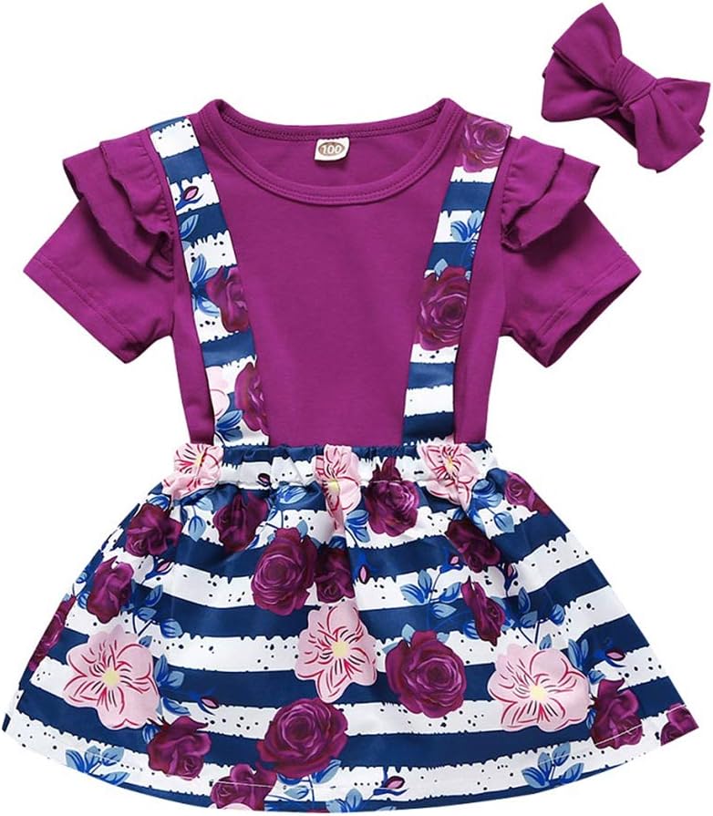 Toddler Baby Girl Floral Romper+Suspender Skirt+Headband Overall Birthday Dress Outfits