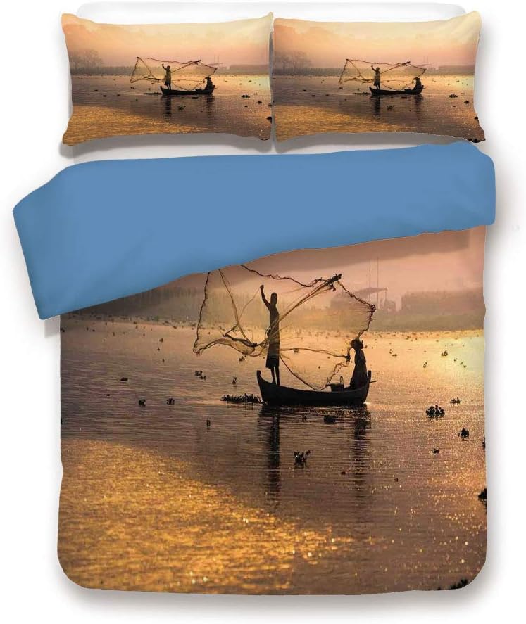 Blue 3pc Bedding Set,Fishermen at Sunrise with Net Catching Fish River Sunbeams Boat on Water Trees Twin Duvet Cover Set,Printed Comforter Cover with 2 Pillowcases for Teens Boys Girls & Adults