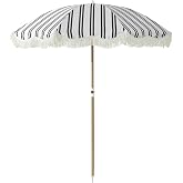 DEER LAND 6FT Striped Fringe Beach Umbrella, Sand Anchor, UPF 50+ Sun Shade | Adjustable Tilt & Portable Design, Coastal Umbr