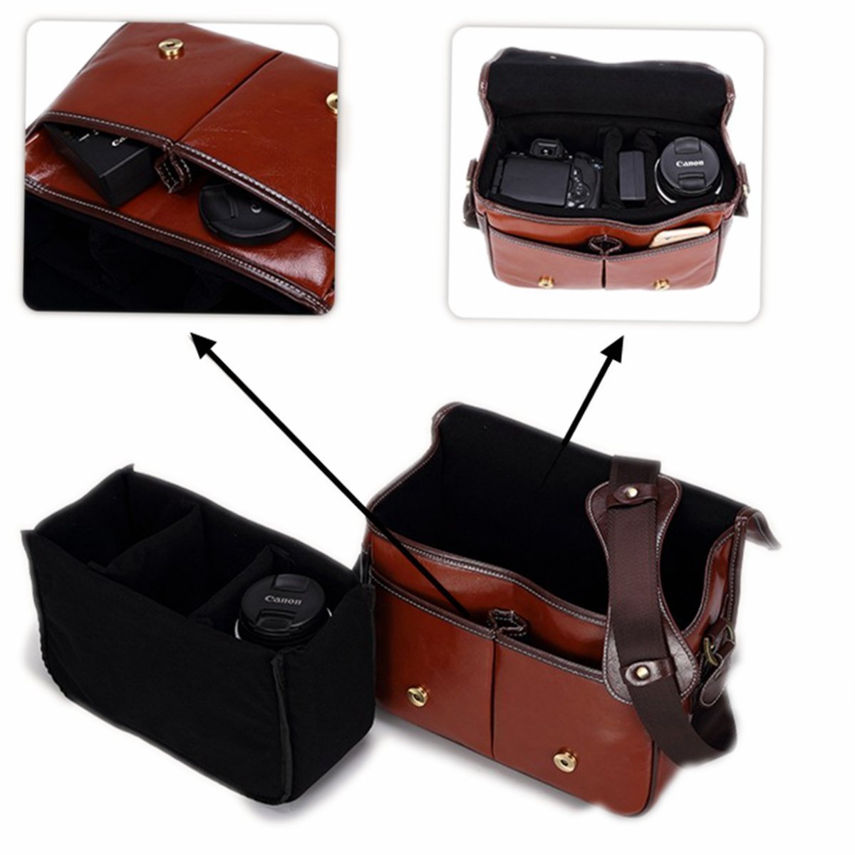 Beaspire Camára Bolsa Bandolera Impermeable de Cuero Sintético Mensajero Funda Protector para 1 DSLR Cámara con 2 Lentes para Canon Sony Nikon Olympus de Viajes (Marrón Oscuro)