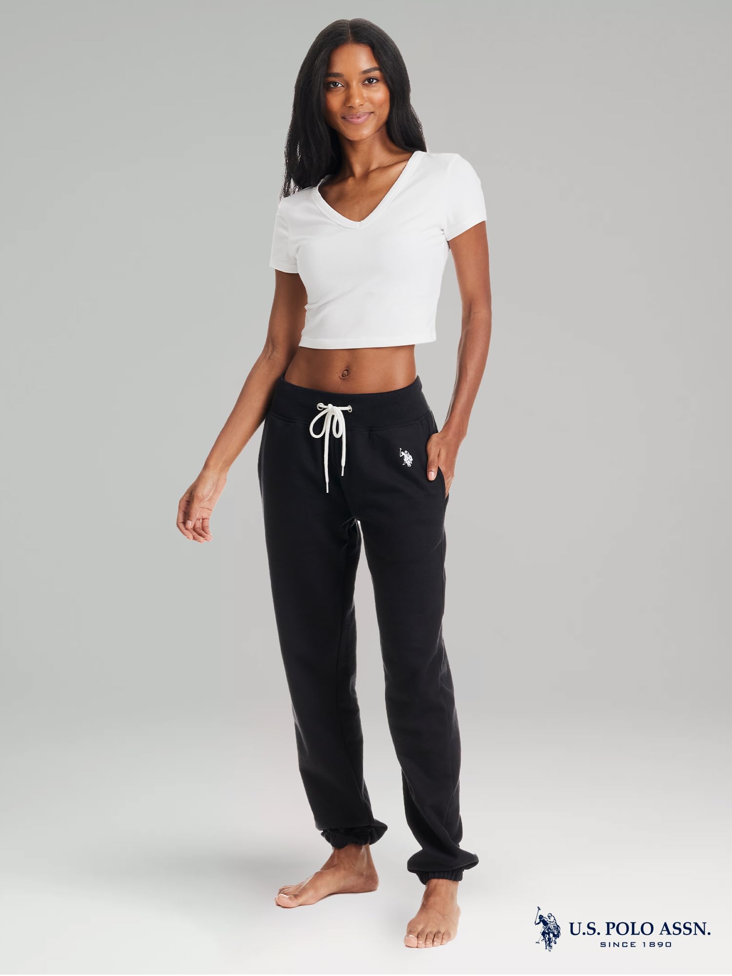 U.S. Polo Assn. Womens Sweatpants with Pockets, French Terry Black Lounge Pants, Black Joggers (Black, Large)