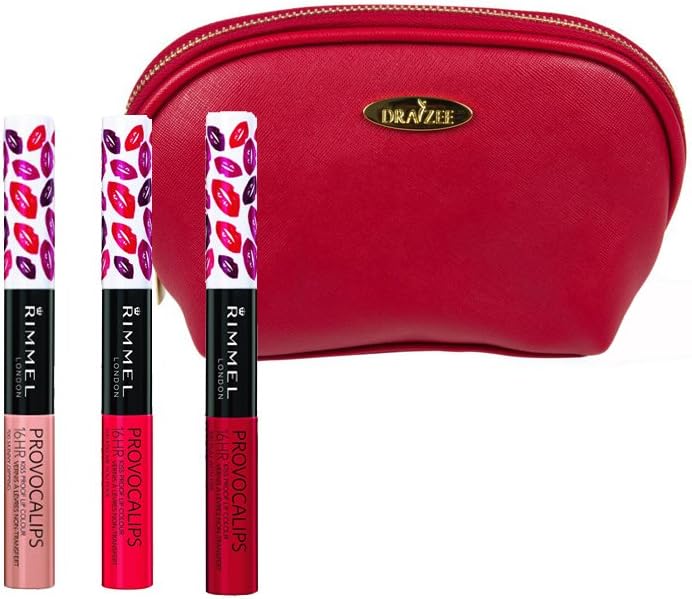 Rimmel ‘Provocalips’ Kissproof Lipstick Kit in Three Shades (0.14 Oz Each), Play with Fire, Kiss Me You Fool and Skinny Dipping with Deep Red Draizee Leather Cosmetic Bag