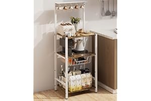 Ansionsol 4 Tier Coffee Bar Station, Corner Bakers Rack with 5 Hooks & Wire Basket, Coffee Maker Stand for Small Space, Kitchen Storage Shelf for Entryway, Living Room, Café, White, 16.5"x13"x47.8"